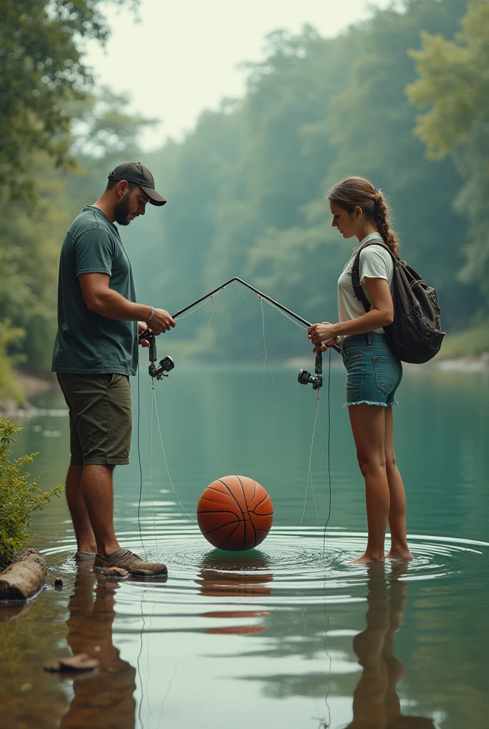 A man and a woman fishing for a basketball