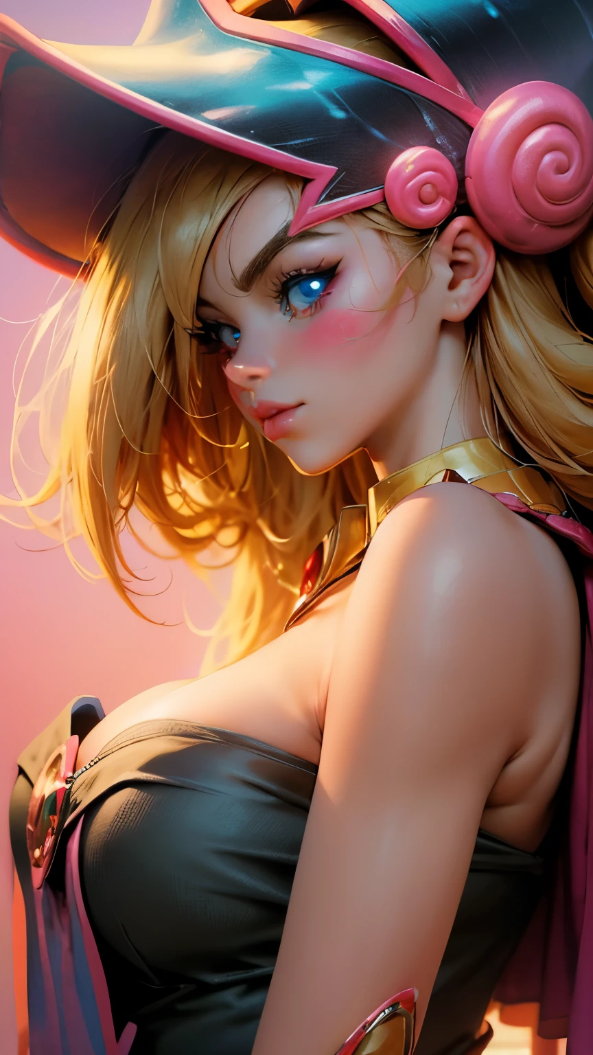 Beautiful face of dark magician gils. blue eyes. brio in the eyes. Large and thick false eyelashes, pink lips. blush on the cheeks, profile pose. Looking at one extreme. gold earrings. gold necklace. Thin neck. Long golden hair. Great cleavage. big breasts.