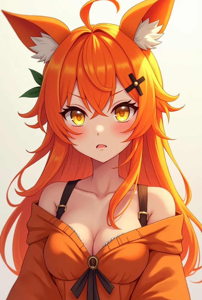 Beautiful anime character, adorable in a deep orange outfit, bright orange hair, angry and pouting face, la week