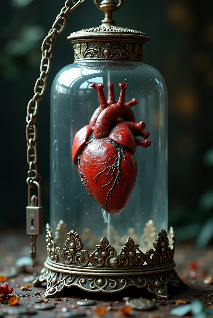 Hello, can you help me create a hyperrealistic photo of a jar containing a wounded human heart suspended by silver threads, the jar has a lid with a wax seal and around it a gold chain with an Art Nouveau padlock, photorealistic, UHD, 16K, thanks