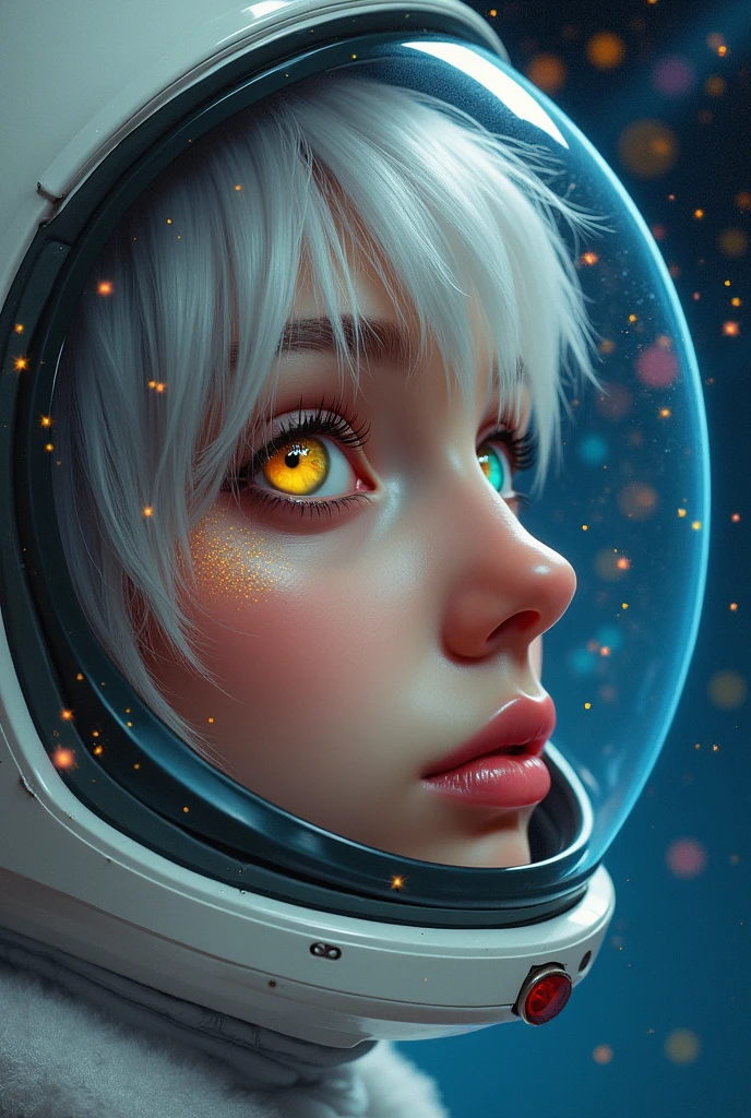 (Close-up of a better masterpiece:1.5)0.9], (Space and astronauts:1.2) (Messy silver hair:1.1) (Heterochromia xanthochromia and blue eyes:1.2) (Space Helmet:1.0) (Colored stars in the eyes:1.0) (A radiant glow:1.1) (thick lips:0.9)