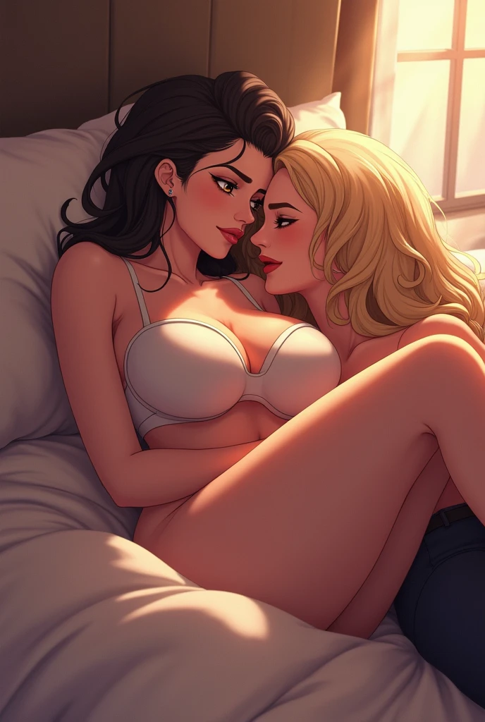 (Dove Cameron) at the bed anime BIG boobs, she is lying at the bed while having sex with a handsome guy