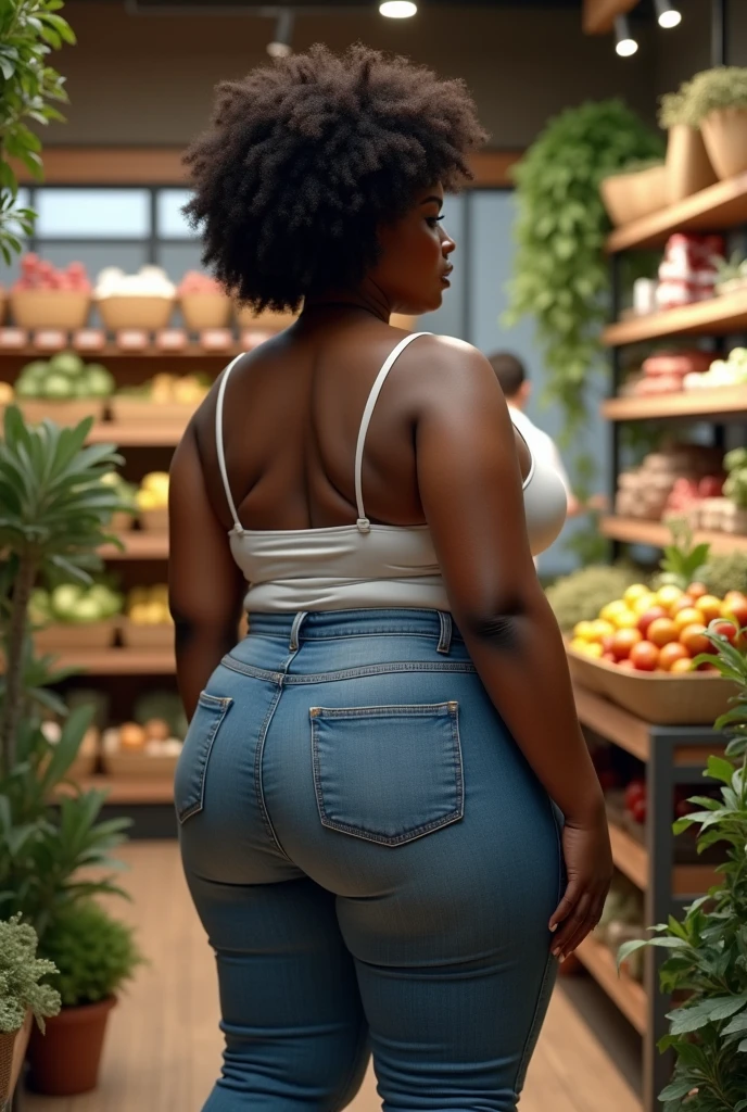 create a cyber realistic image of a heavy beautiful black woman with very curvy body shape, heavy backside and very flat tummy wearing a white top with a pair of blue jeans trousers standing facing sideways revealing her backside an organic shop