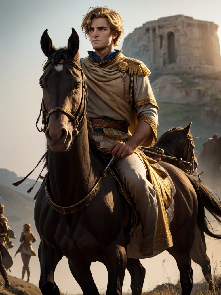Alexander the Great, handsome, atop a black steed, short blond hair flowing, facing the camera with determination, full body captured, cinematic film still, swathed in richly textured garments of historical accuracy, gripping the reins with a look of focused intent, set against the backdrop of an ancient battlefield, bathed in the soft golden light of the late afternoon sun, each detail rendered in ultra fine 8k resolution, capturing the essence of