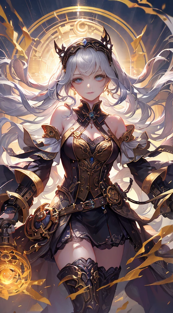 Wizard girl.
(((masterpiece, best quality, raw photo, photorealistic, depth of field, ultra detailed, detailed face, very precise eyes))), Dynamic Action Pose, Invoke Magic, Mechanical Magic Weapons, very slender long legs, lace stockings on the knee, steampunk headgear, fluttering lace flared mini skirt, off-shoulder fashion with a fusion of detailed and intricate steampunk and detailed gothic lolita, upward and beautiful small breasts, Clean long silver hair, long vertical curly hair, wind driven, futuristic complex steampunk factory background, infinite dark universe, flying celestial bodies, countless celestial neon lights raining down from the heavens, cinematic lighting decoration.