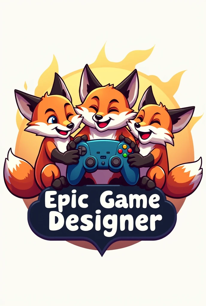 A logo of a fox trio holding a video game controller, Written on the Epic Game Designer logo