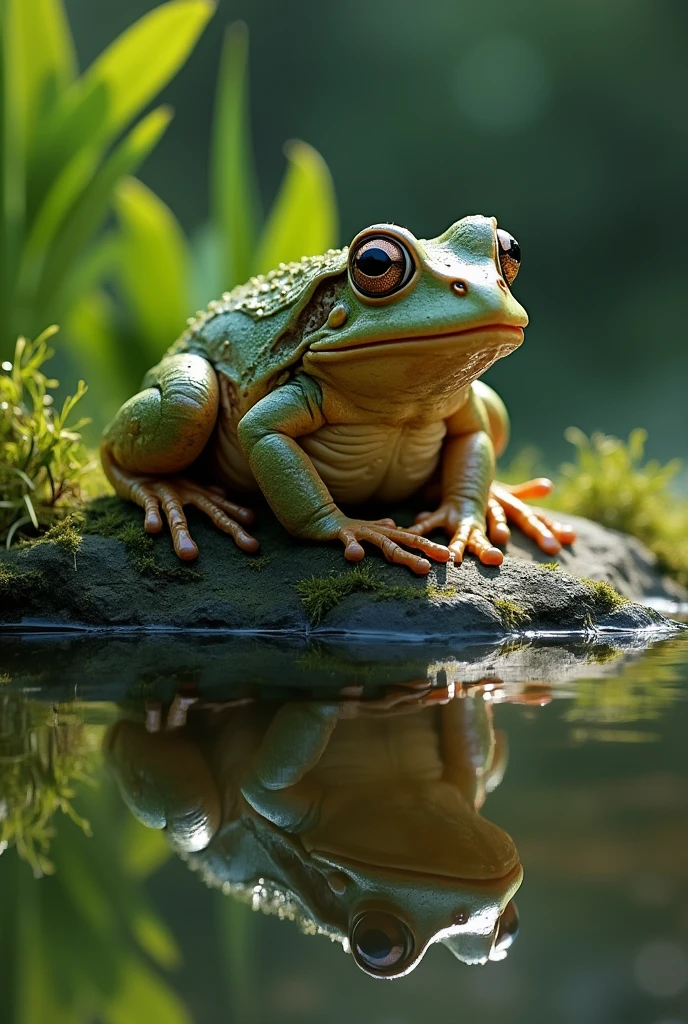 Old frog that sees itself as young in the reflection
