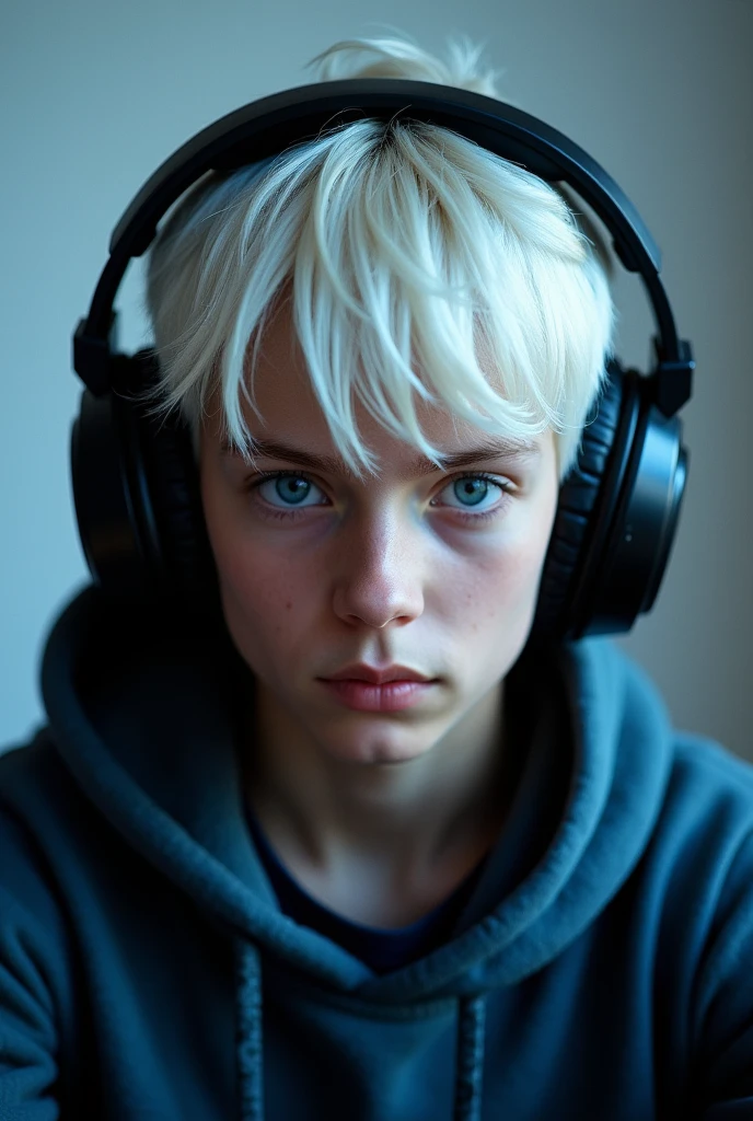 a gamer  boy with white hair and blue eyes with head phones