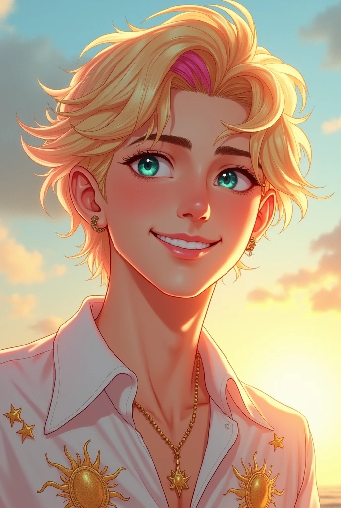 Very handsome young blond man with sun-blonde hair and a pink streak. Your eyes are bright blue-green and very beautiful. He wears a white blouse with ruffles and golden embroidered suns.. Her hair is voluminous. He has a mole next to his left eye..
He has a very beautiful and happy smile..