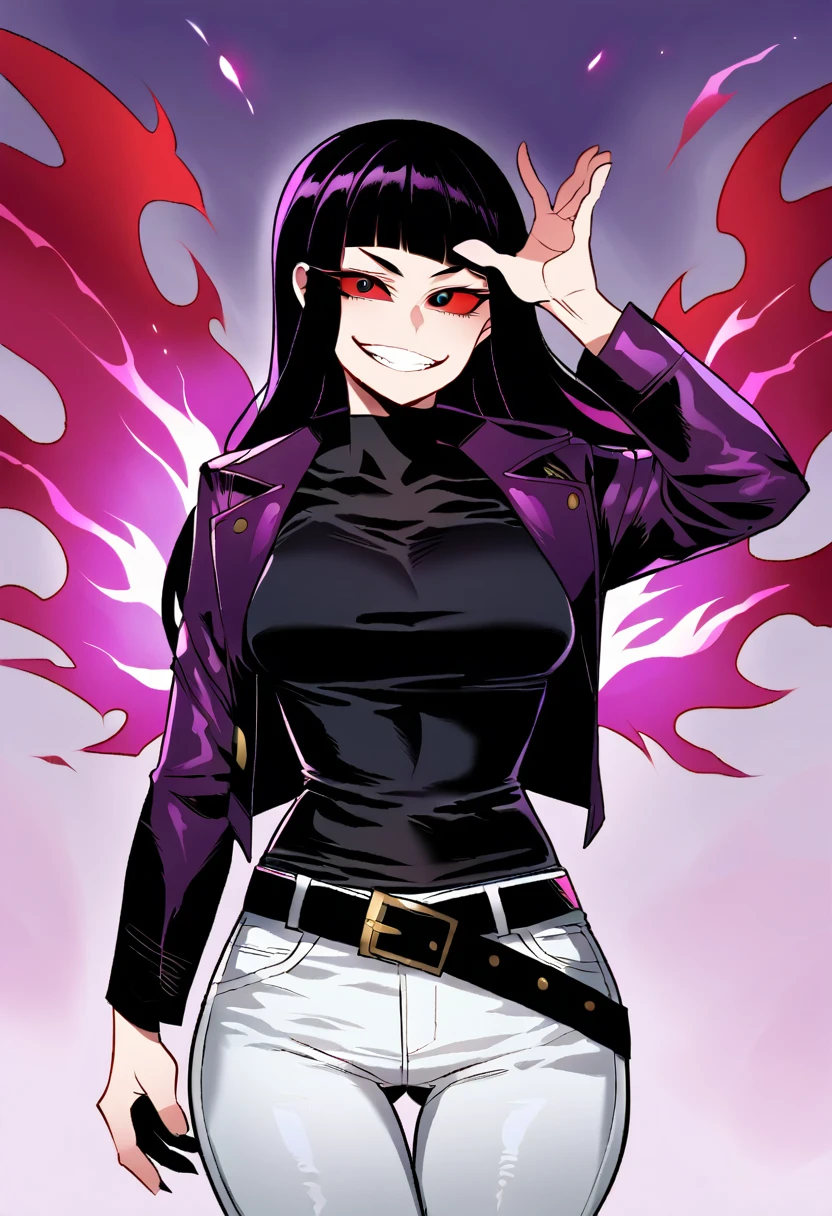 score_9, score_8_up, score_8, medium breasts, (curvy), cute, eyelashes,       BREAK, , 1girl, solo, long hair, black hair, blunt bangs, purple leather jacket, shiny clothes, big belt, black eyes, energy, evil smile, floating, grin, red sclera, v-shaped eyebrows, white jeans, black shirt,  BREAK, smile, looking at viewer, cowboy shot, embedding:zPDXL,  