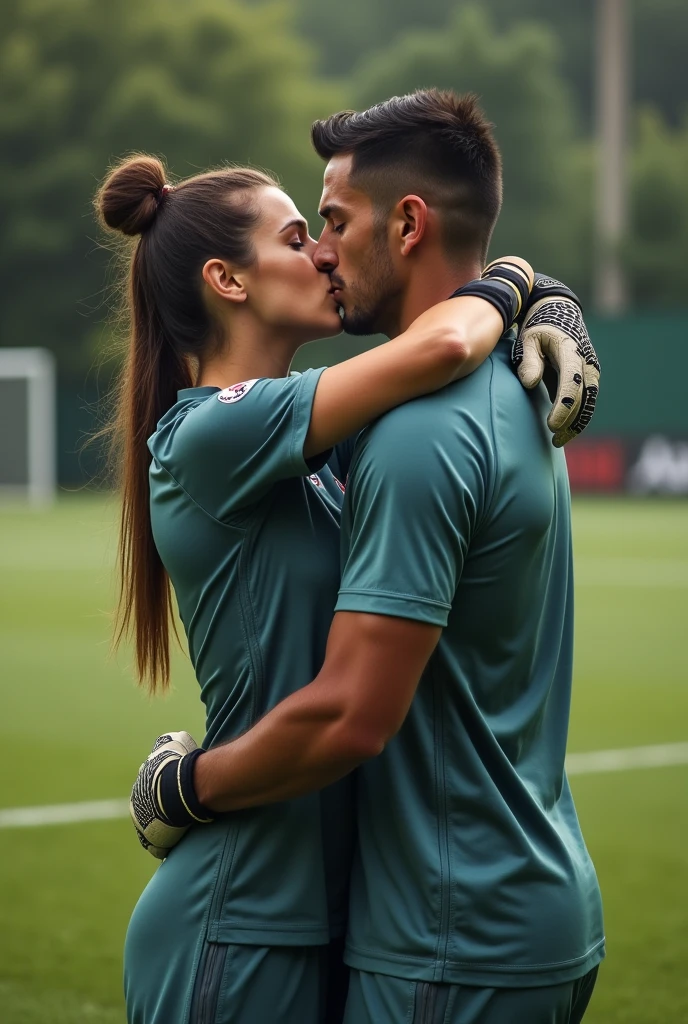 Female Football Goalkeeper Kissing a Normal Man on the Lips