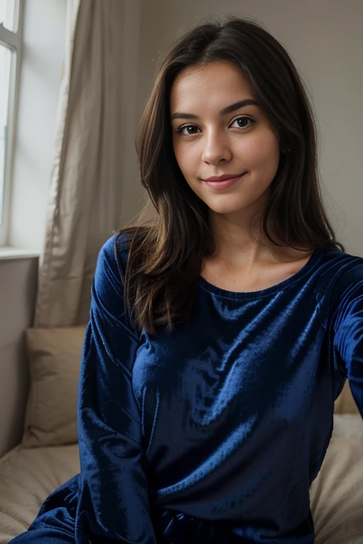 photorealistic portrait of a beautiful brunette smiling cutely, gazing directly at the viewer, photo the selfie, wearing a dark blue velvet pajama top