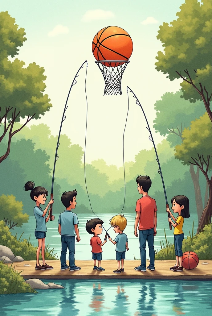 It is a drawing-style image of humans and children fishing for a basketball.