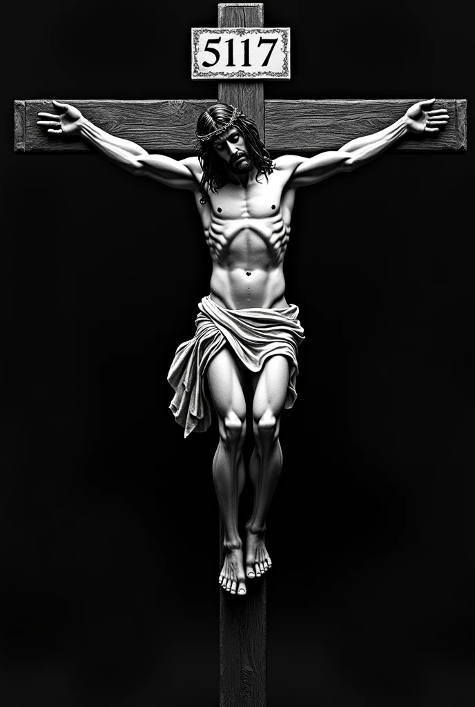 Jesus on the cross in black and white with the number 517 in gothic 