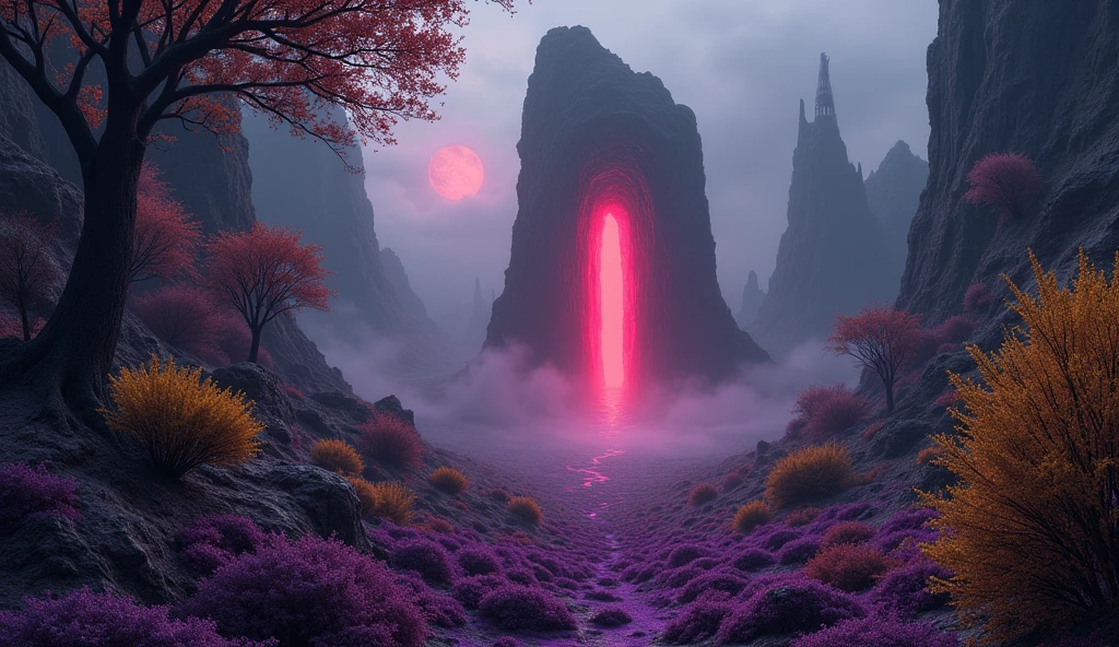 Demonic landscape to the horizon, purple grass, purple ground, yellow trees, yellow bushes, red portals, 16:9