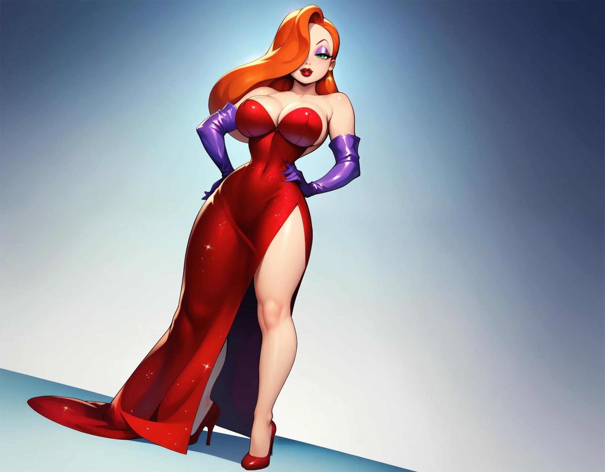 score_9, score_8_up, score_7_up, score_6_up, score_5_up, score_4_up, Jessica Rabbit, (front view), (dutch angle), green eyes, long orange hair, (wearing a red side slit dress), purple sleeve gloves, red high heels, sexy curves, big head, (solo), (standing), (one hand on hip), (seductive pose), (seductive look), (looking at viewer), (night club background)