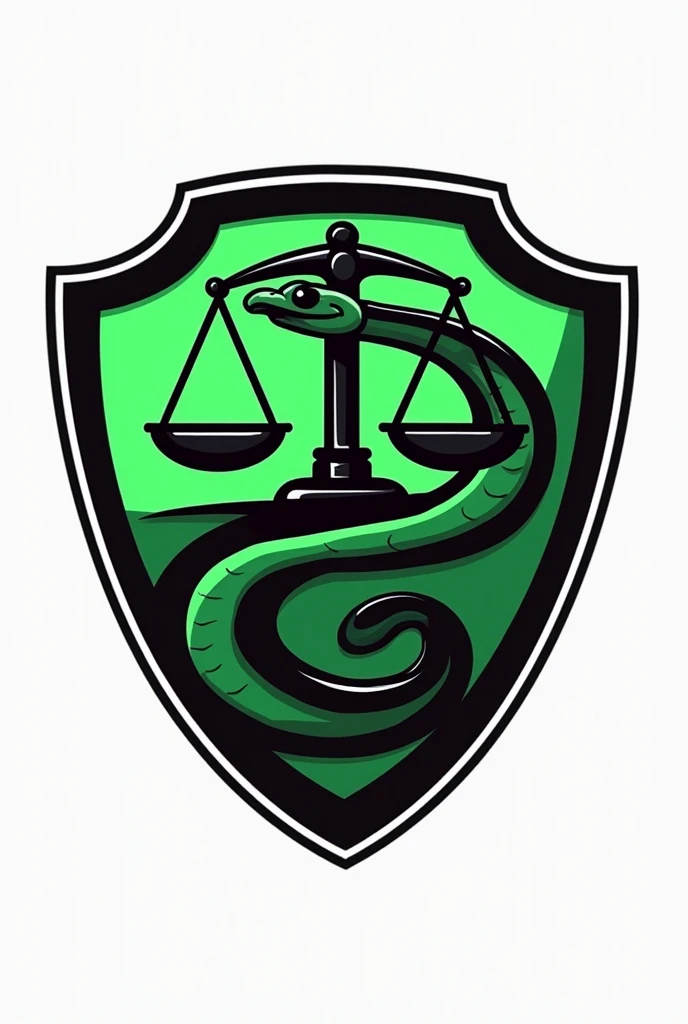 cartoon shield logo for black and green soccer team with a weight scale and a snake