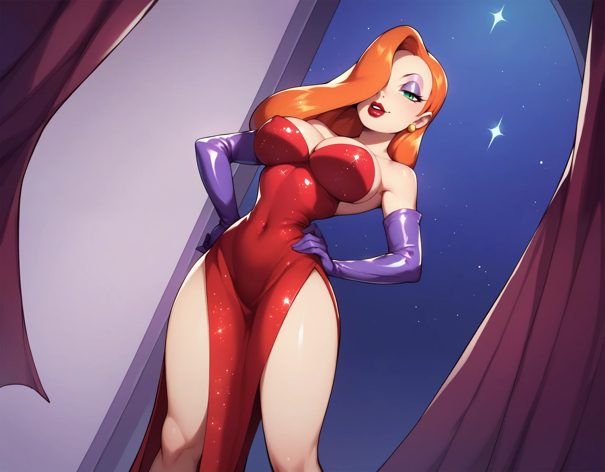 score_9, score_8_up, score_7_up, score_6_up, score_5_up, score_4_up, Jessica Rabbit, (front view), (dutch angle), green eyes, long orange hair, (wearing a red side slit dress), purple sleeve gloves, red high heels, sexy curves, big head, (solo), (standing), (one hand on hip), (seductive pose), (seductive look), (looking at viewer), (night club background)