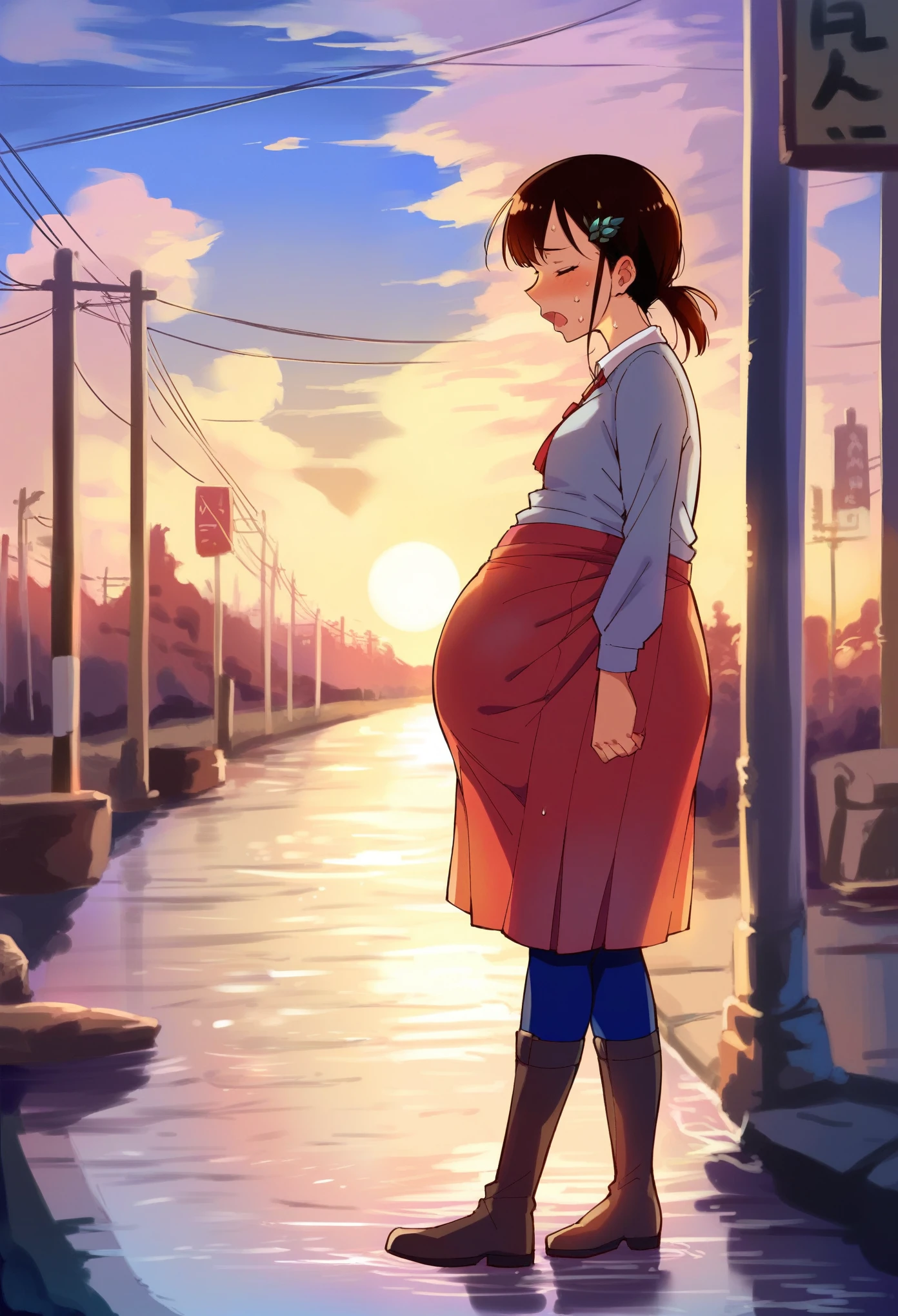 score_9, score_8_up, score_7_up, uncensored, source_anime, 1 woman, saggy belly, big belly,  lize1st, hair ornament, skirt, blue thighhighs, lace-up boots, waddling, walking with trouble, (tense emotions:1.1), sweat, tired, eyes closed, gasp, from side, street, sunset, light shaft