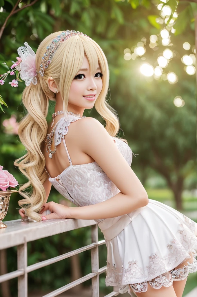 ((Best quality, 8k, Masterpiece, Sharp focus, 35mm lens, f/0.8, amazing beautiful perfect figure :1.4)), side lighting, sexy stylish Asian model, ((bright smile)), ((doll-like appearance)), ((beautiful detailed Victorian-Style boots)), Highly detailed face and skin texture:1.2, super detailed eyes:1.2, super detailed skin, shiny skin:1.2, Blushing ,long lashes:1.2, high-fidelity bangs, brilliant light blonde long random hairstyle, ((sexy Paradise Kiss cosplay)), bell-shaped skirt, petticoats, high neckline, puffed sleeves, (( ultra detailed lace)), ((ultra detailed embroidery)), intricate details, Paradise Kiss accessoires and matching headpiece, choker, ((large sparkling Paradise Kiss jewelry)), cinematic light, detailed large park background with trees