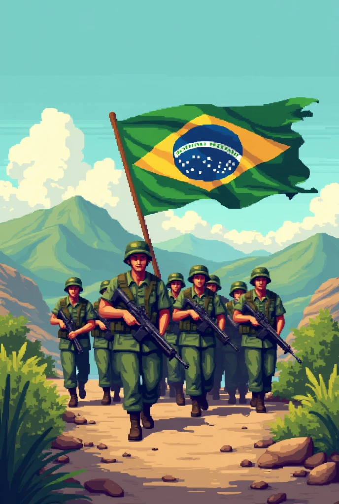 Create a 16-bit video game style image with an army carrying the Brazilian flag in the front.