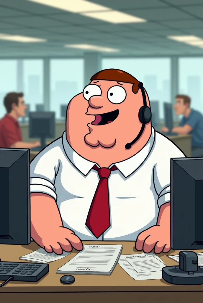 Peter Griffin working as a customer service representative, happy to help Guts