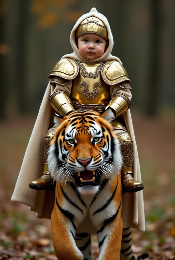 CREATE AN IMAGE OF A 2-YEAR-OLD BABY DRESSED IN GOLDEN MEDIEVAL ARMOR RIDING ON TOP OF A SIBERIAN TIGER