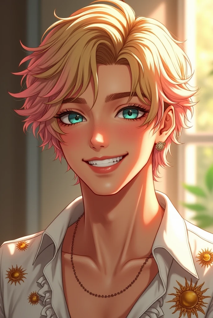 Very handsome young blond man with sun-blonde hair and a pink streak. Your eyes are bright blue-green and very beautiful. He wears a white blouse with ruffles and golden embroidered suns.. Her hair is voluminous. He has a mole next to his left eye..
He has a very beautiful and happy smile..