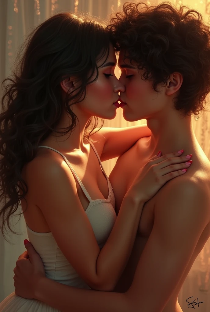 A brunette girl with curly hair and big breasts kissing 