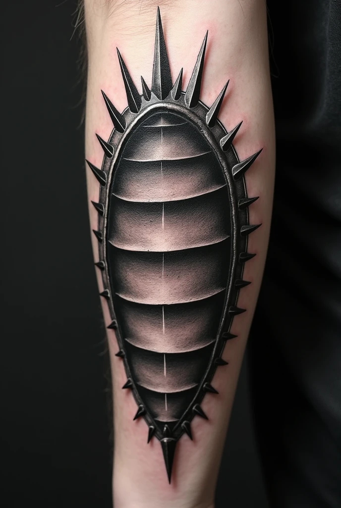 Create a tattoo of a butterfly cocoon with a shape that resembles the torture device known as the iron maiden.
