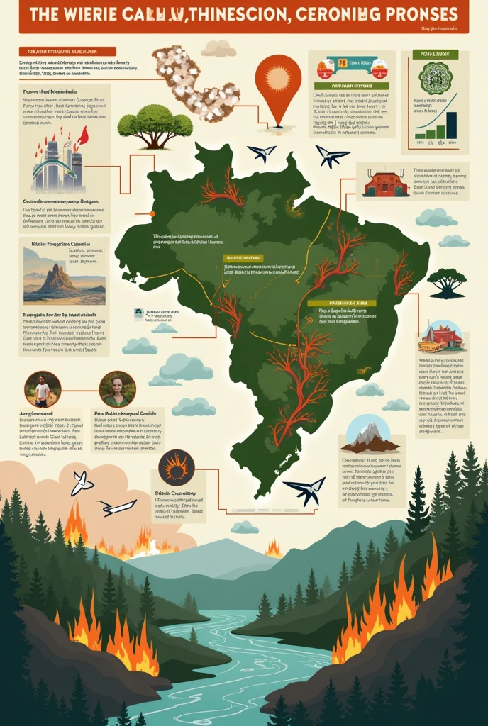 On a poster board write everything you can create just with these ideas Draw a map of Brazil highlighting the areas most affected by fires and deforestation, like the Amazon and the Cerrado. Use different colors for the burning and deforestation areas.
before and after:
Create two scenes side by side. One showing an intact forest with trees, rivers and wildlife, and another showing the same area after fires and deforestation, with trees cut down, arid soil and smoke.
Carbon Cycle:
Draw the carbon cycle highlighting how trees capture CO₂ and how burning and deforestation release carbon into the atmosphere, contributing to global warming.
Impact on Wildlife:
Illustrate animals in a healthy environment before fires and deforestation, and show what happens after the destruction: animals fleeing, destroyed habitats.
Nature's Clock:
Draw a clock with one half showing a balanced ecosystem and the other half in deterioration, representing the urgency of the problem.
Bar chart:
Make a simple chart showing the decrease in forest area over the years, or the increase in fires in certain regions.
Keywords with Images:
Instead of a lot of text, use keywords like "Undoing", "biodiversity", "smoke", "warmth", and accompany them with small representative images or icons.
These visual representations will help communicate the environmental impacts clearly and powerfully with little use of text.
You said:
now create a very formal presentation for 2 or 3 people
ChatGPT said:
ChatGPT
Here is a suggestion for a formal presentation for you and two or three other people:
Presentation Title: Environmental Impacts: Burning and Deforestation
Introduction (Presenter 1):
Nome do Presenter 1: "Good morning/late to everyone. today, we will present a topic of extreme importance for the environment: the impacts of burning and deforestation.”
Objective: “Our goal is to show how these practices affect not just