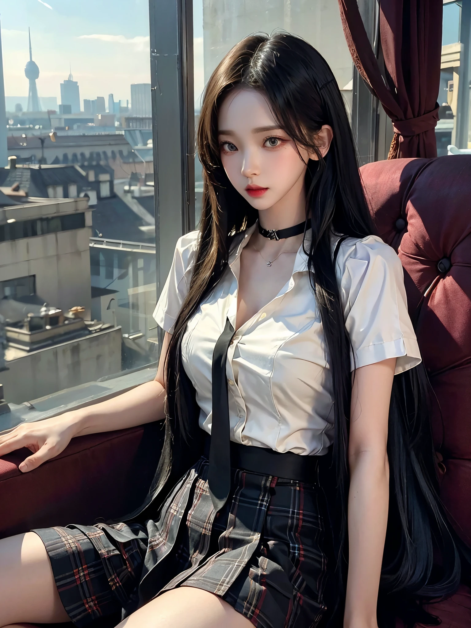dressed like a nurse,exposed, 큰 chest, 젖어서 chest이 보이는 흰색 shirt, masterpiece, best quality, whole body, 1 woman, forehead, black choker, black necktie, blond hair, panties, blush, bracelet, chest, choker, clothes approximately waist, clavicle, collared shirt,  dress shirt, ear piercing, eyebrows visible through hair, gradient hair, 이를 드러내고 laugh, fix, bijouterie, Kogal, long hair, looking at viewer, loose necktie, necktie, piercing, plaid, plaid skirt, pleated skirt, red eyes, ring, , shirt, skirt, laugh, alone, sky, sitting on a chair inside a cafe,illustration, (Magazines:1.3), (sheathe-style:1.3), fashionable, female, vibrant, outfit, posing, front, fancy, dynamic, background, coercion, confidence, expression, possession, name, accessories, majestic, coil, approximately, touch, scene, texts, sheathe, brave, attracting attention, title, Refined, font, catchy, headline, bigger, striking, modern, Trend, Concentrate upon, fashion,