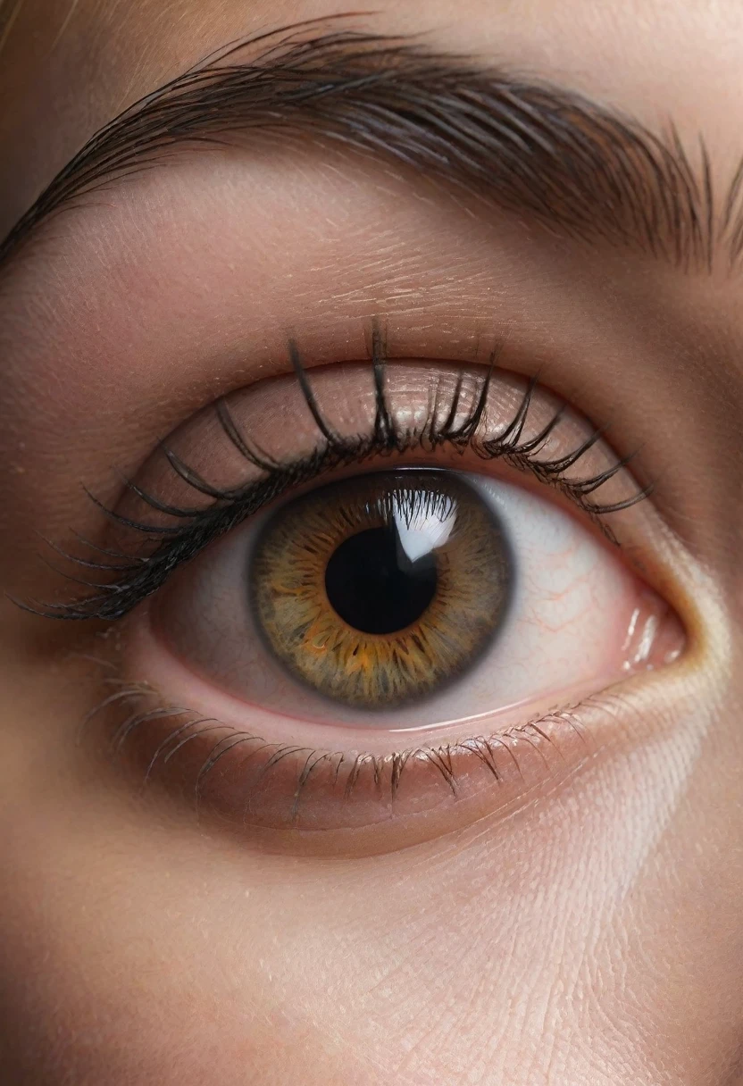 photorealistic extreme close-up of a young woman's eye, exquisite detail, high definition, hyper-realistic, 8k, ultra detailed iris, ultra detailed eyelashes, ultrafine eyelid texture, realistic eye pores, realistic tear ducts, realistic sclera, realistic eyebrow, dramatic lighting, cinematic lighting, chiaroscuro lighting