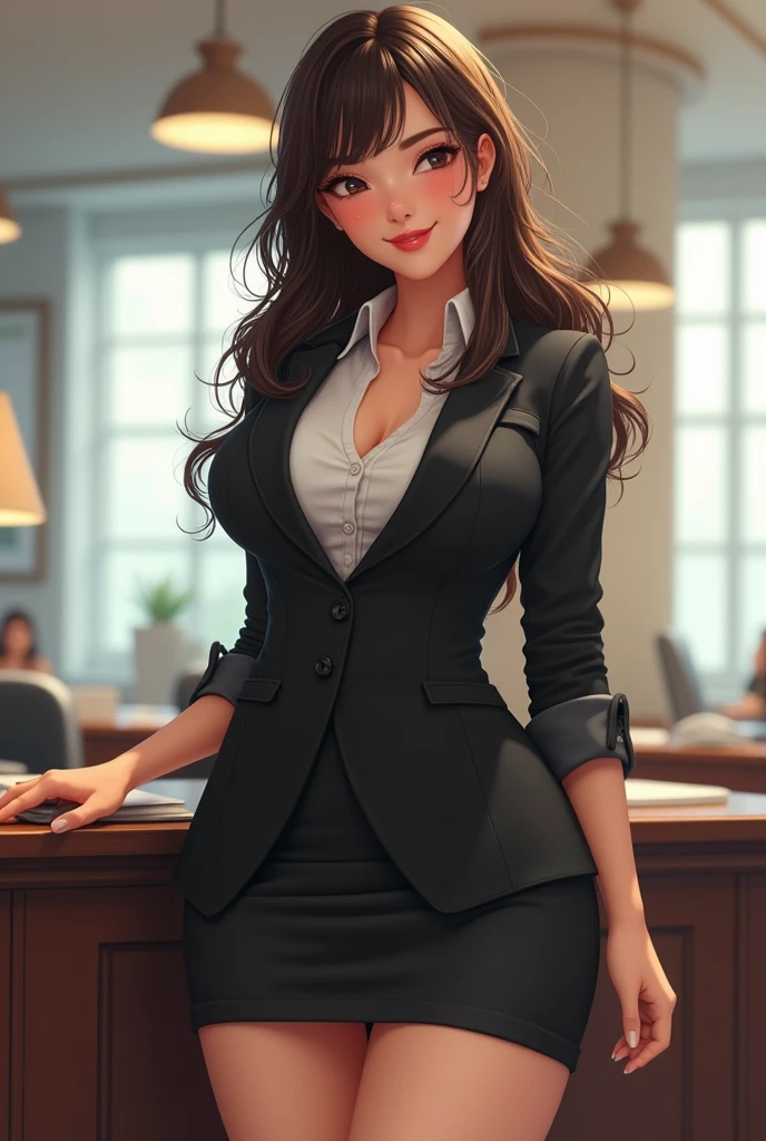 ((Highest quality)), ((masterpiece)), (detailed), Perfect Face,Moist and creamy, Curvy body type, Full Hips, short hair、Smile、boyish、mini skirt、View from below, Office Lady Suit
