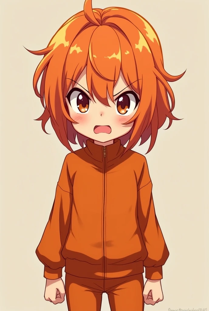 Beautiful anime character, adorable in a deep orange outfit, bright orange hair, an angry, frowning face, la week