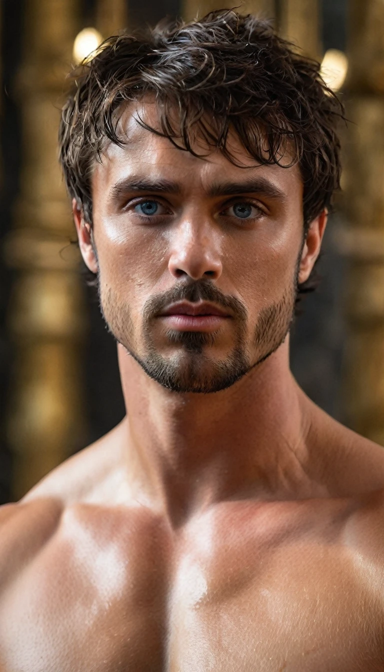 tmasterpiece,very bear face , Best quality at best, 8K high resolution, absurd res, actual, grabbing own very very much hairly pecs, There are scars on the nose, Bright, sexy and charming eyes,eBlue eyeelancholy Look,1boys, Alone, short hair, hairly pectoral focus, large pecs, Be red in the face, , brunette color hair, Seven doppelgangers, Muscular, smooth and shiny,Naked,Royal gold,looking at viewert, roman emperor heliogabalus