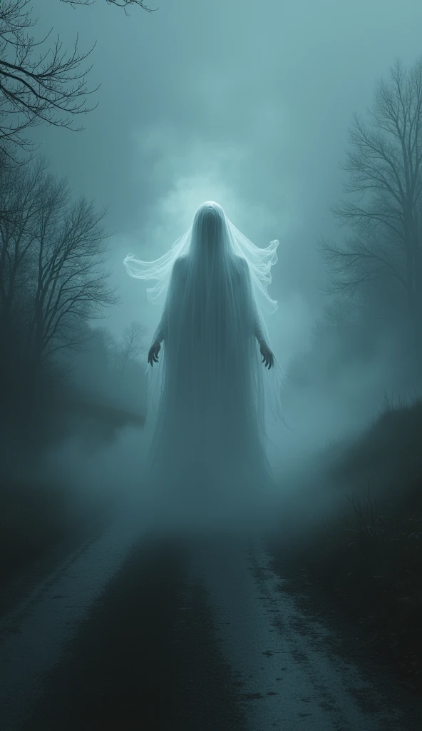 A nighttime scene with the ghostly figure of the Lady in White appearing through the fog or mist on the roadside