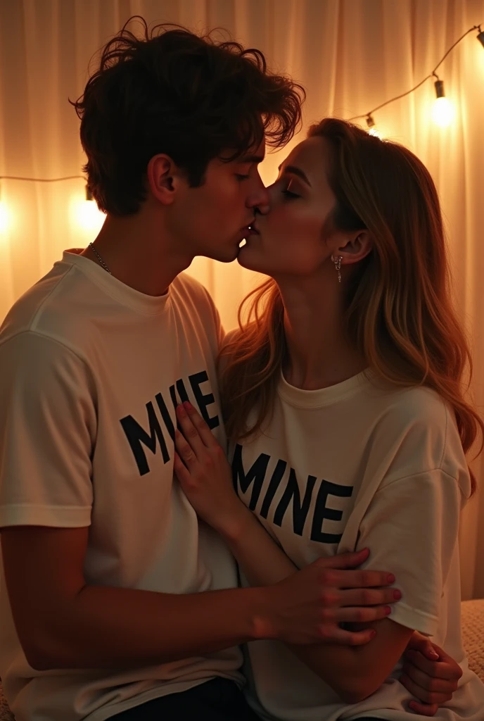 I want two teenagers kissing with their shirts saying 'mine' and 'mine'