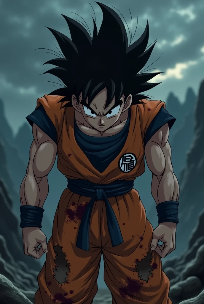 Goku, young adult, tousled black hair, dull black eyes without shine, broken and torn Z Warrior suit, with torn sleeves and pants, broken belt, weak and dull aura, background of a desolate and dark landscape, dramatic anime style.

facial expression: Deep sadness, with dark circles and an empty gaze, as if he had lost his loved ones and his purpose.

Posture: Curved, with shoulders slumped and head lowered, as if the weight of the world rested upon him.

Additional Details:

- The Z Warrior suit is torn and tattered, with dried blood and battle scars.
- His aura, normally intense, is now weak and dull, reflecting your emotional state."