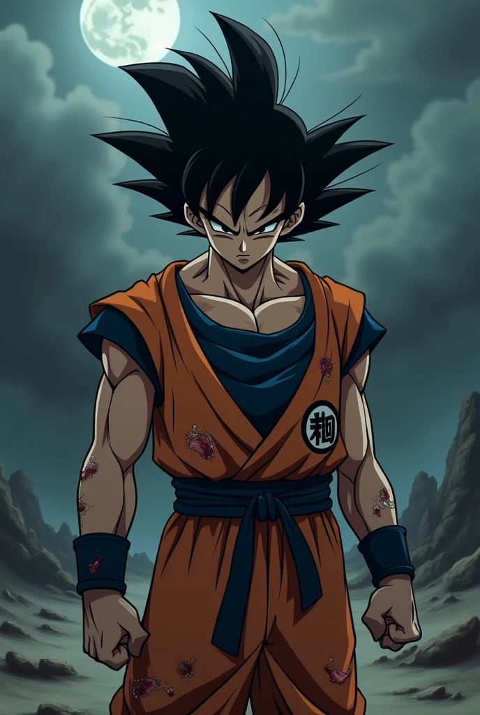 Goku, young adult, tousled black hair, dull black eyes without shine, broken and torn Z Warrior suit, with torn sleeves and pants, broken belt, weak and dull aura, background of a desolate and dark landscape, dramatic anime style.

facial expression: Deep sadness, with dark circles and an empty gaze, as if he had lost his loved ones and his purpose.

Posture: Curved, with shoulders slumped and head lowered, as if the weight of the world rested upon him.

Additional Details:

- The Z Warrior suit is torn and tattered, with dried blood and battle scars.
- His aura, normally intense, is now weak and dull, reflecting your emotional state."