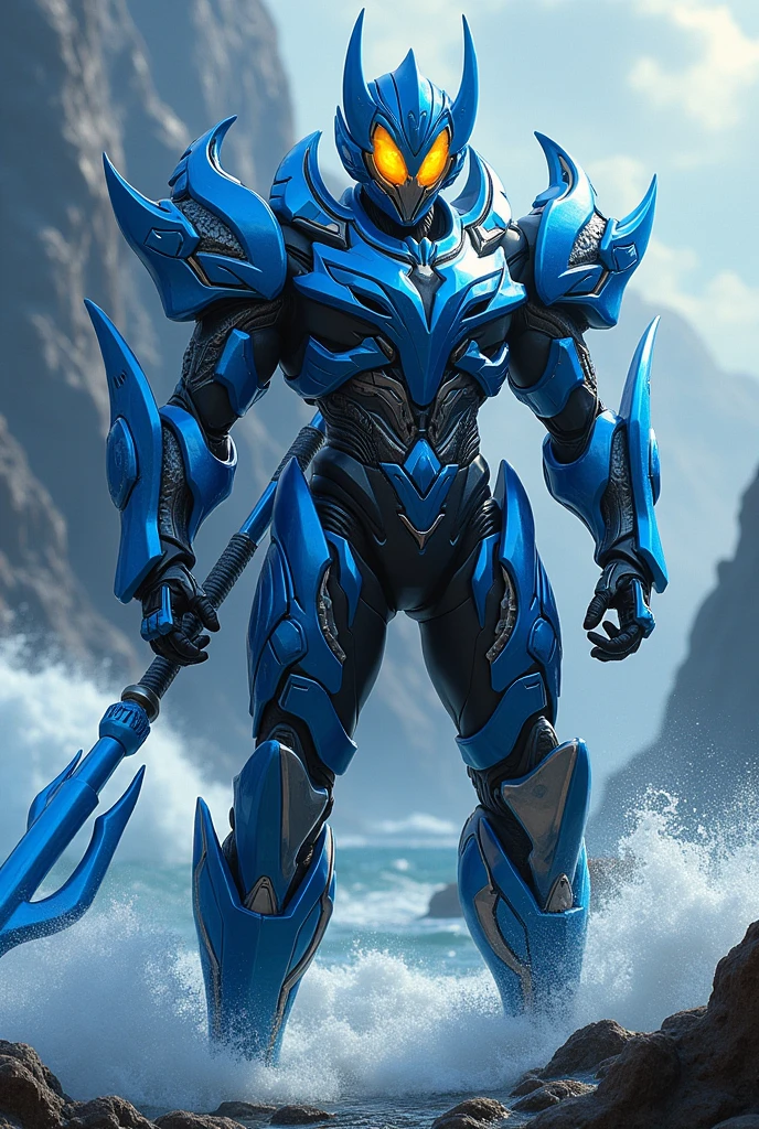 Kamen Rider black inner suit, blue-silver shark jaw armor, yellow eyes with lights, blue-silver trident, sea wave background
