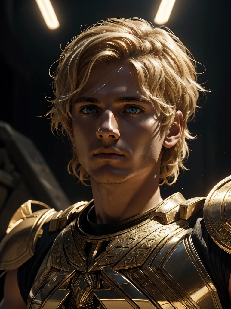 Cinematic film still featuring Alexander the Great with blonde short hair, portrait focuses on sharp features, reflective intensity in eyes, intricate armor conveying nobility, backlighting creates halo effect on hair, captured in 8K resolution, ultra fine details, dramatic lighting.