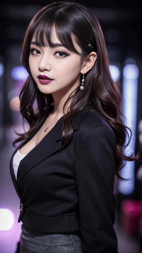 best quality、ultra-detailed、8k、Japanese、Seductive beauty、seductive adult woman、Pretty Woman、cool girl、smirk、Wicked Smile、Villainess、brainwash makeup、brainwash、Fallen into evil、Evil look、evil、Brown hair、wavy hair、swept bangs、dark makeup、piercing eyes、hollow eyes,half-closed eyes、Hollow Eyes、purple Eyeshadow、black lipstick、black lipglos、Purple Eyeshadow、black lipstick、black lip gloss、Dark Makeup、smirk、Whisper in my ear、business suit、black Jacket、white blouse、ribbon、flare skirt、pantyhose、night、inside darkroom、Kiss、I have lipstick、Are standing、Look、Offer、shoot from below