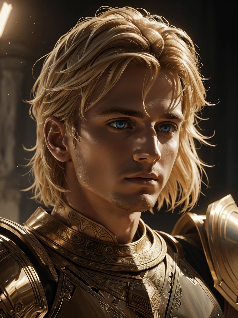 Cinematic film still featuring Alexander the Great with blonde short hair, portrait focuses on sharp features, reflective intensity in eyes, intricate armor conveying nobility, backlighting creates halo effect on hair, captured in 8K resolution, ultra fine details, dramatic lighting.