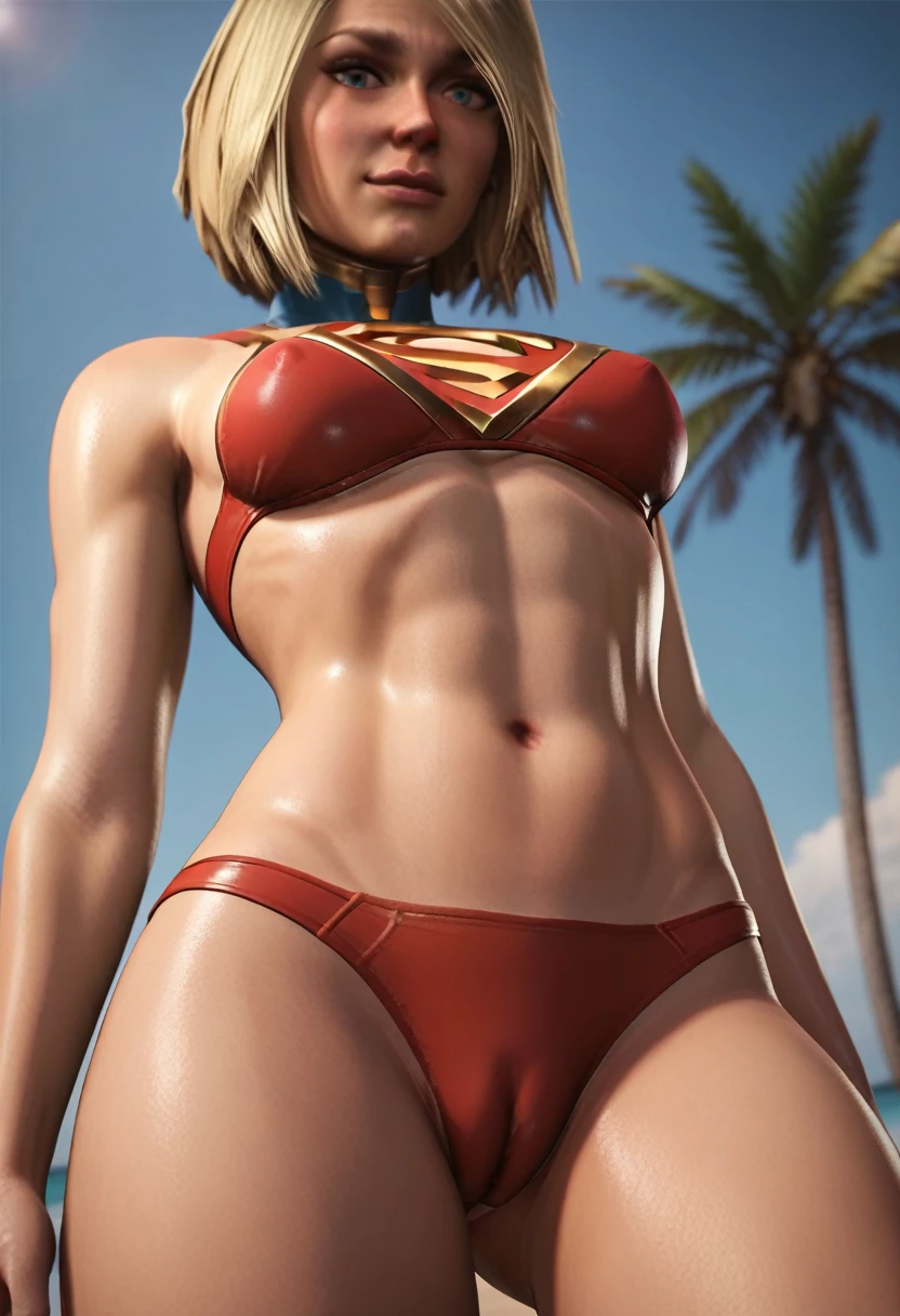 NSFW (red bikini) (Supergirl ((human)) medium breasts, cameltoe) fully body, on a deserted beach