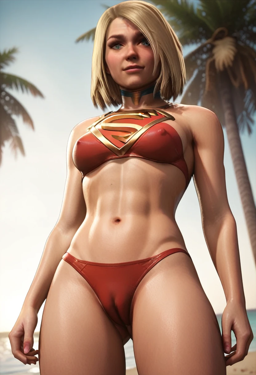 NSFW (red bikini) (Supergirl ((human)) medium breasts, cameltoe) fully body, on a deserted beach