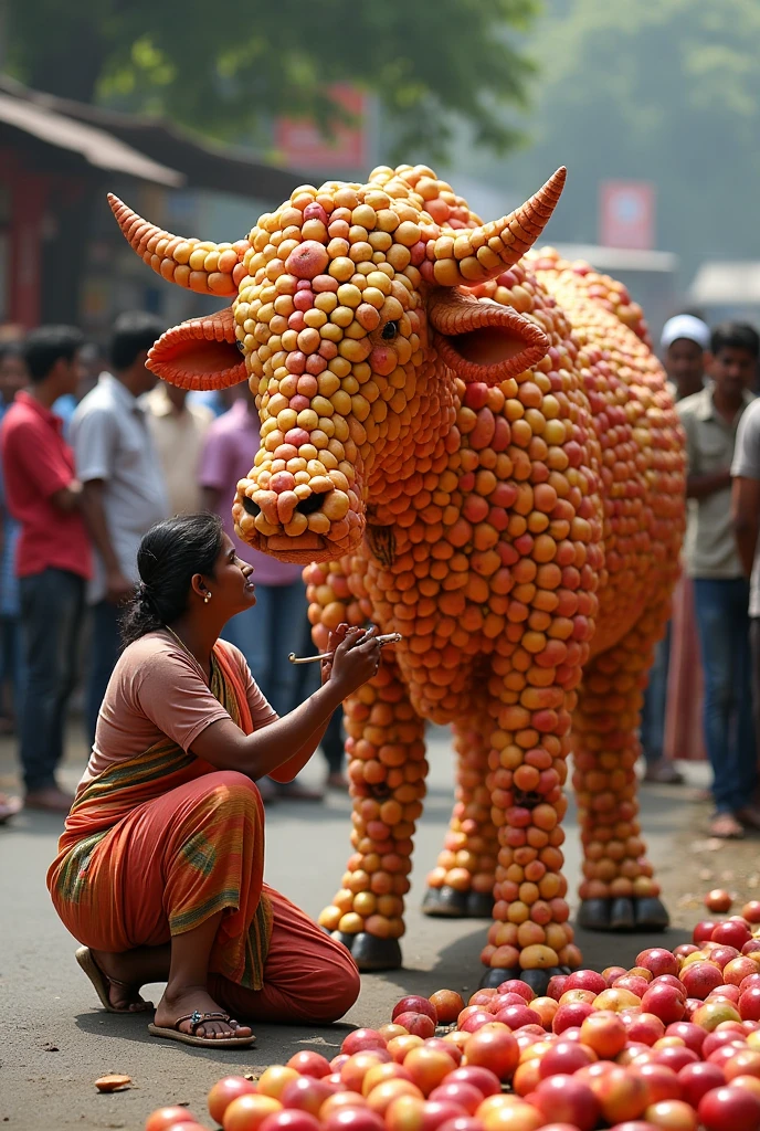 A Indian poor woman is making a big cow out of apples on road people are watching