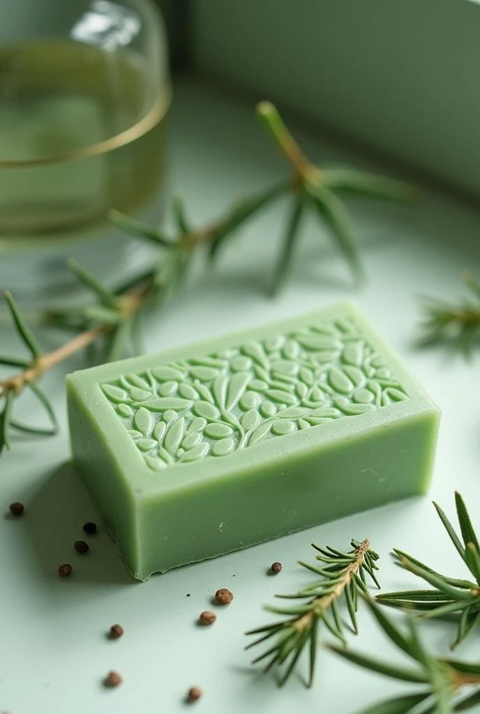 I need an image of a soap that reflects its following characteristics:
This 10cm x 7cm x 3cm rectangular soap dish is soft green in colour and features an elegant leaf print design.. Combines a refreshing aroma of rosemary and lemongrass, that not only cleanses your skin effectively, but also acts as a natural insect repellent..

Characteristics:

Color: Soft green with dry rosemary leaves
Aroma: Citrus and herbaceous blend Benefits: Deep cleaning, insect protection Ingredients: Natural extracts of rosemary and citronella