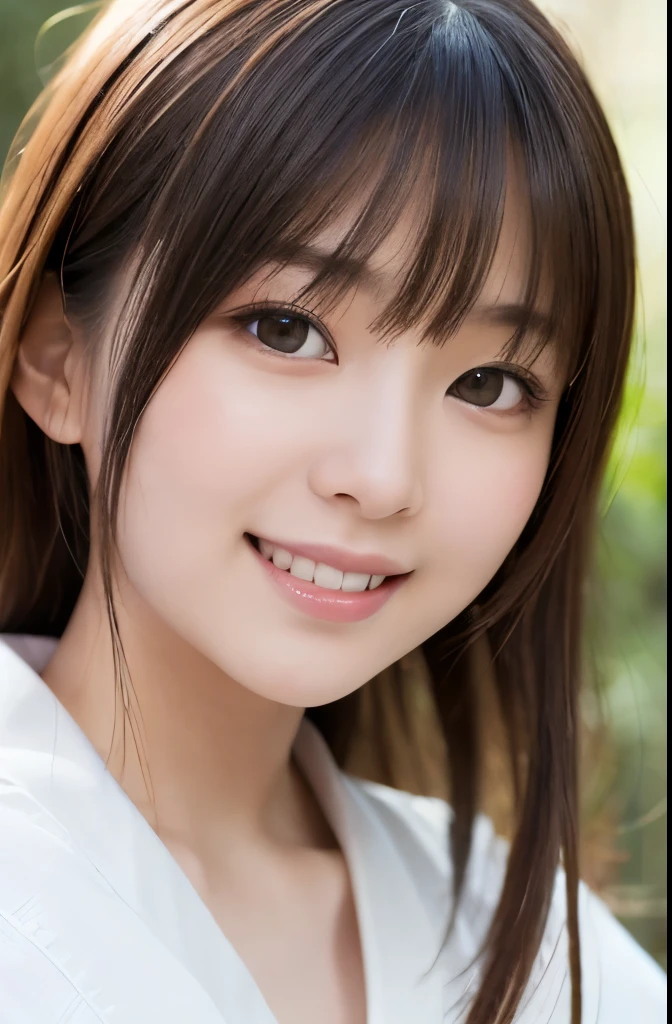 best quality, face focus, soft light, ultra high res, (photorealistic:1.4), RAW photo,(Shinozaki Ai), white skin, kawaii, 1 Japanese girl, solo, cute, (smile), (pupil, lights in the eyes), detailed beautiful face, Medium-sized breasts,(high resolution detail of human skin texture),(long hair),(portrait), upper body, white traditional kimono
