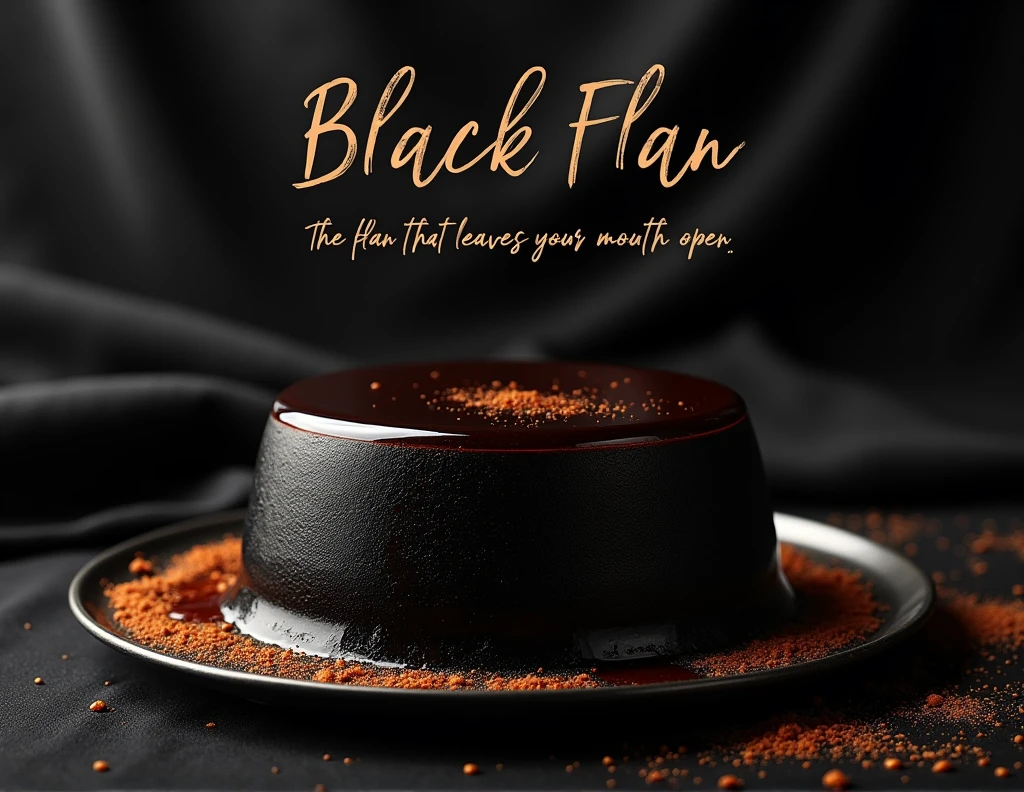 I want a poster to advertise the sale of flan. You are a professional copywriter, Expert in creating eye-catching posters. Use your skills to create 2 posters that will make people want to buy my products. Search for images. With the name of: the black flan and the slogan that says: the flan that leaves your mouth open, writes: Of. hipica #20
